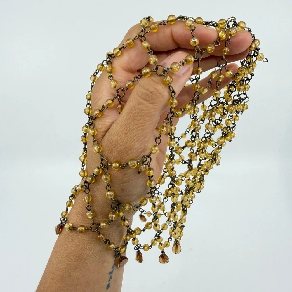 Necklace Vintage Amber Bronze Beaded Mesh Bib Teardrop Fringe Statement